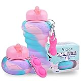 Collapsible Foldable Reusable Water Bottles BPA Free 500ml 16oz Boys and Girls Drinking Squeeze Water Bottle for School Cute Toddler Water bottle Kids Water Bottle with Keyring 