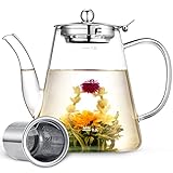 Otartu 33oz/1000ml Stovetop Glass Teapot with Stainless Steel Filter Strainer Glass Tea Kettle Stainless Steel Lid Blooming 